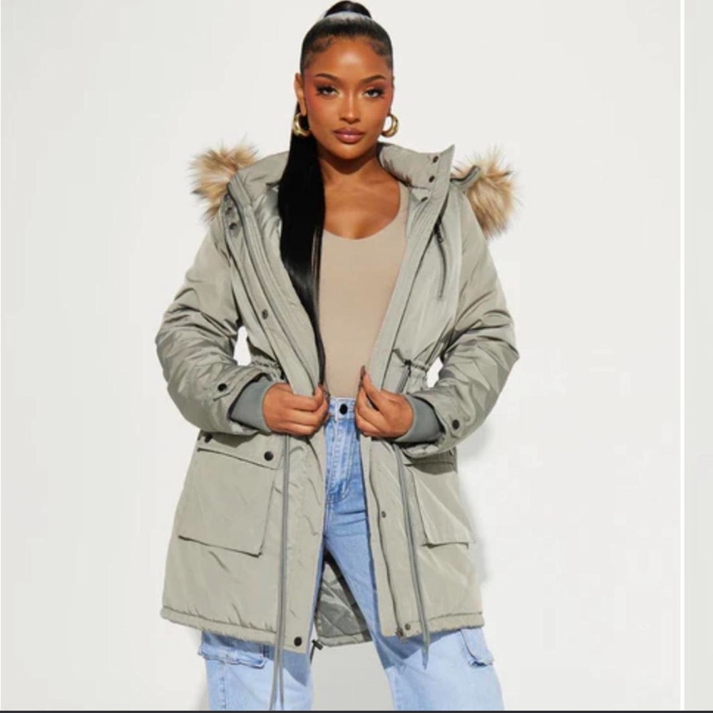 Fashion Nova Sage Green Puffer Parka with Faux-Fur Trim